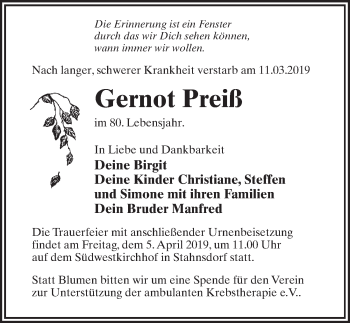 Traueranzeige von Gernot Preiß von Märkischen Allgemeine Zeitung