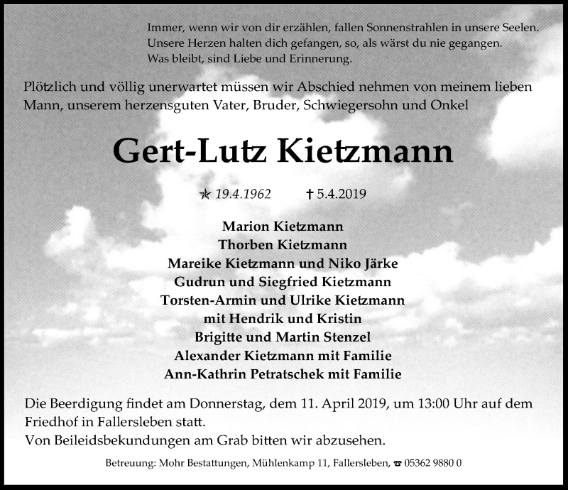  Traueranzeige für Gert-Lutz Kietzmann vom 09.04.2019 aus Aller Zeitung