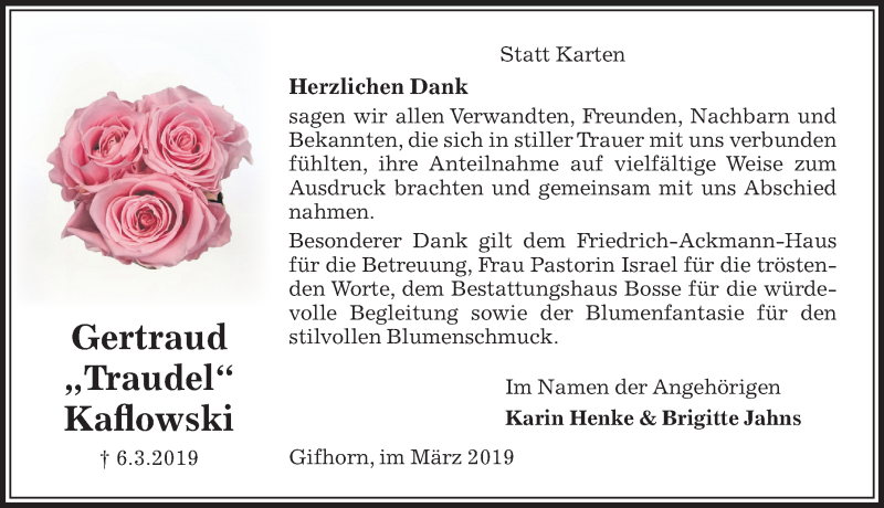  Traueranzeige für Gertraud Kaflowski vom 30.03.2019 aus Aller Zeitung