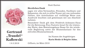 Traueranzeige von Gertraud Kaflowski von Aller Zeitung