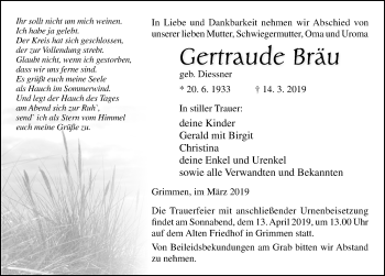 Traueranzeige von Gertraude Bräu von Ostsee-Zeitung GmbH