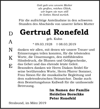 Traueranzeige von Gertrud Ronefeld von Ostsee-Zeitung GmbH