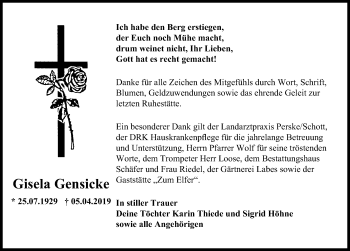 Traueranzeige von Gisela Gensicke von Märkischen Allgemeine Zeitung