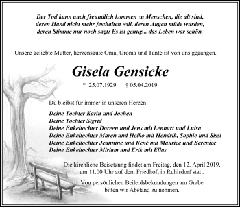 Traueranzeige von Gisela Gensicke von Märkischen Allgemeine Zeitung