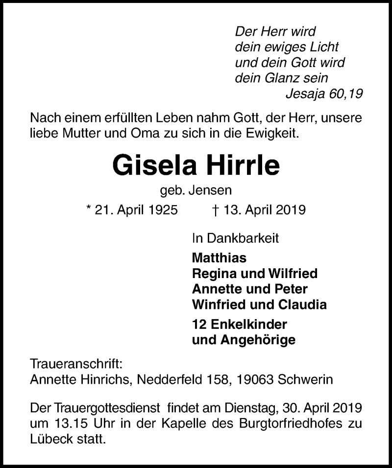  Traueranzeige für Gisela Hirrle vom 21.04.2019 aus Lübecker Nachrichten