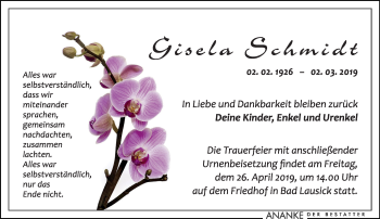 Traueranzeige von Gisela Schmidt von Leipziger Volkszeitung