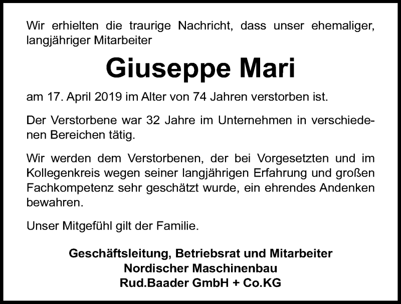  Traueranzeige für Giuseppe Mari vom 21.04.2019 aus Lübecker Nachrichten