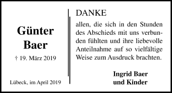 Traueranzeige von Günter Baer von Lübecker Nachrichten