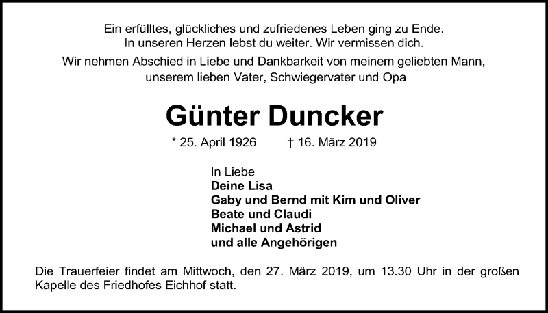  Traueranzeige für Günter Duncker vom 23.03.2019 aus Kieler Nachrichten
