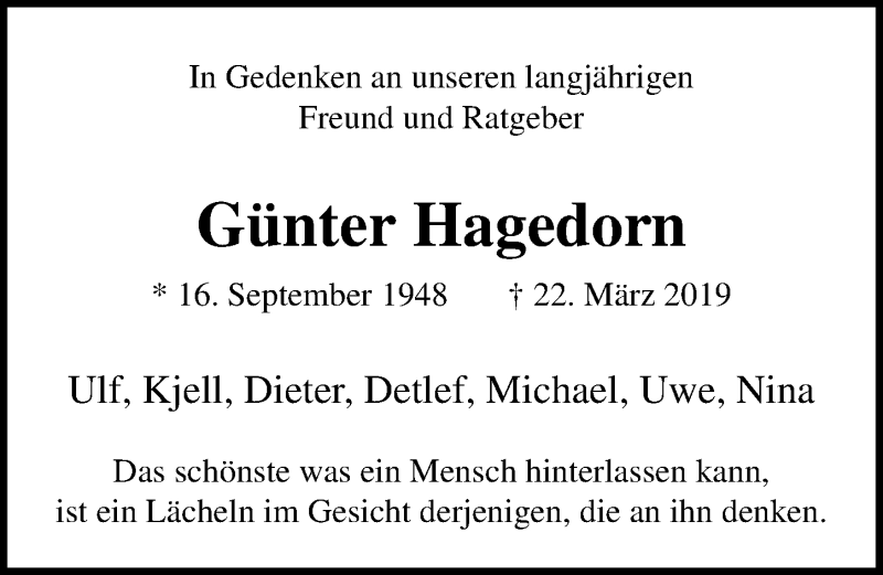  Traueranzeige für Günter Hagedorn vom 07.04.2019 aus Lübecker Nachrichten