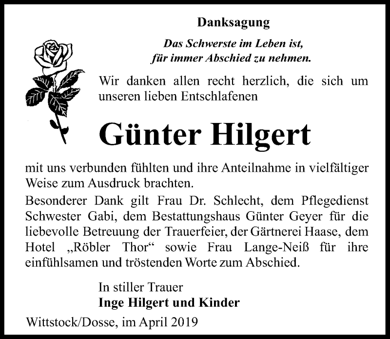  Traueranzeige für Günter Hilgert vom 13.04.2019 aus Märkischen Allgemeine Zeitung