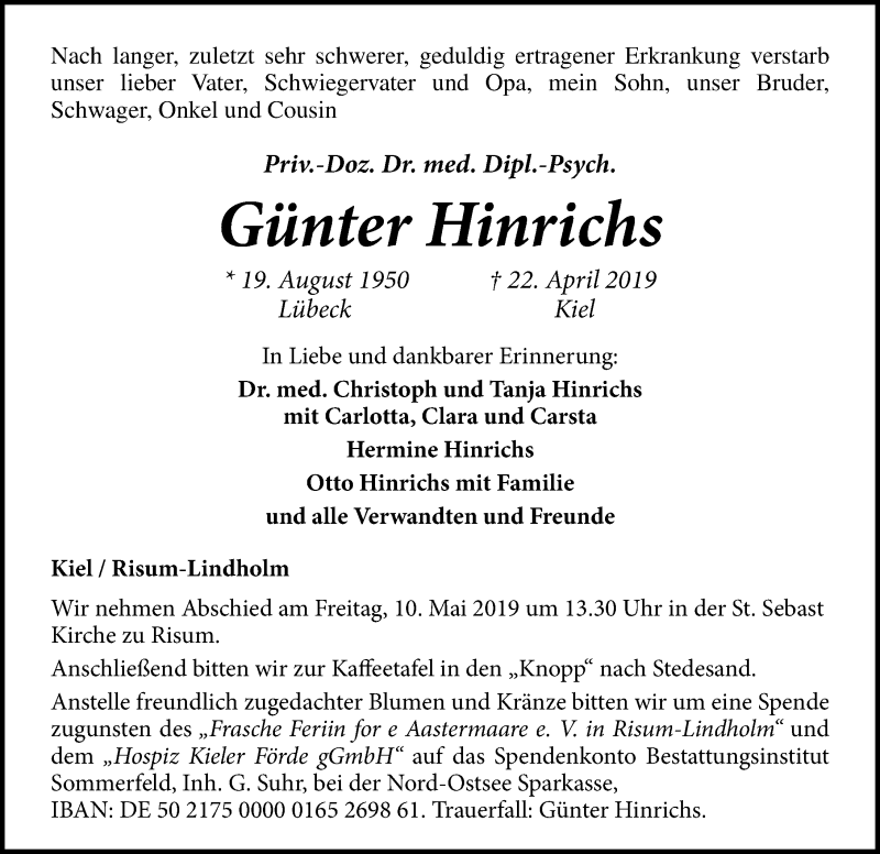  Traueranzeige für Günter Hinrichs vom 27.04.2019 aus Lübecker Nachrichten