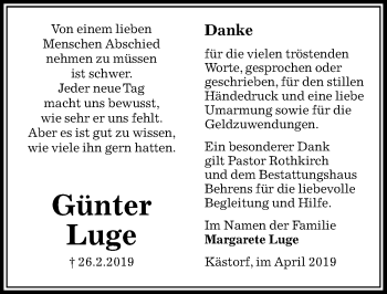Traueranzeige von Günter Luge von Aller Zeitung