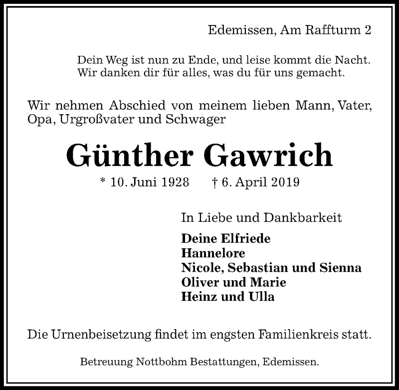  Traueranzeige für Günther Gawrich vom 13.04.2019 aus Peiner Allgemeine Zeitung