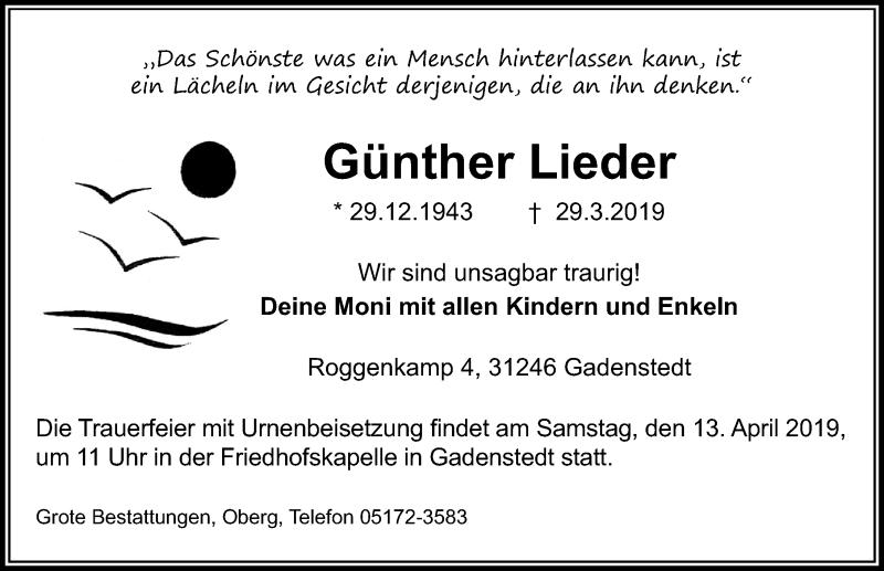  Traueranzeige für Günther Lieder vom 06.04.2019 aus Peiner Allgemeine Zeitung