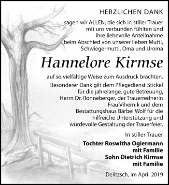Traueranzeige von Hannelore Kirmse von Leipziger Volkszeitung