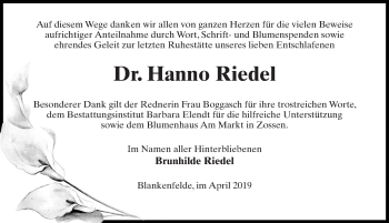 Traueranzeige von Hanno Riedel von Märkischen Allgemeine Zeitung