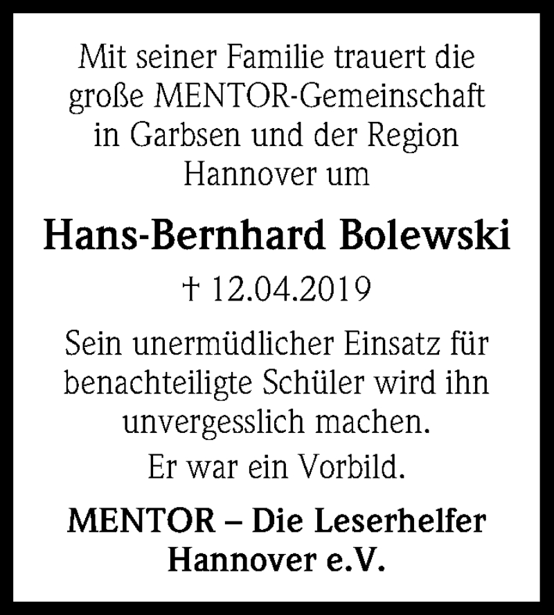  Traueranzeige für Hans-Bernhard Bolewski vom 20.04.2019 aus Hannoversche Allgemeine Zeitung/Neue Presse