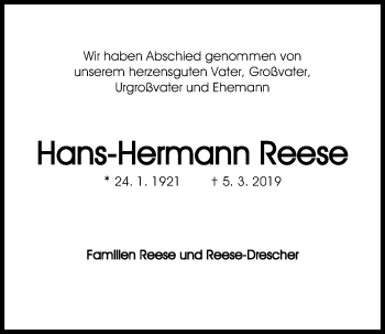 Traueranzeige von Hans-Hermann Reese von Kieler Nachrichten