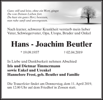 Traueranzeige von Hans-Joachim Beutler von Märkischen Allgemeine Zeitung