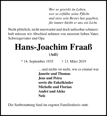 Traueranzeige von Hans-Joachim Fraaß von Lübecker Nachrichten
