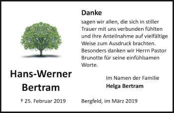 Traueranzeige von Hans-Werner Bertram von Aller Zeitung