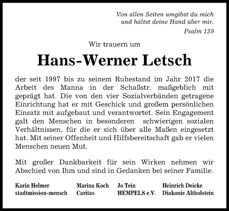  Traueranzeige für Hans-Werner Letsch vom 23.03.2019 aus Kieler Nachrichten