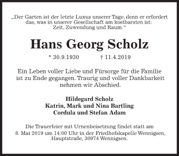 Traueranzeige von Hans Georg Scholz von Hannoversche Allgemeine Zeitung/Neue Presse