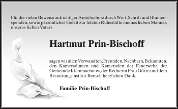 Traueranzeige von Hartmut Prin-Bischoff von Märkischen Allgemeine Zeitung