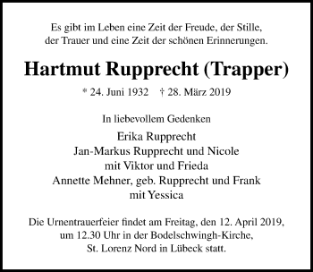 Traueranzeige von Hartmut Rupprecht von Lübecker Nachrichten
