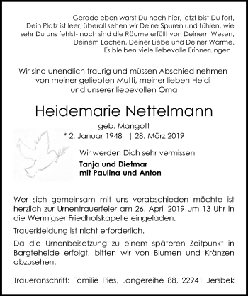 Traueranzeige von Heidemarie Nettelmann von Hannoversche Allgemeine Zeitung/Neue Presse