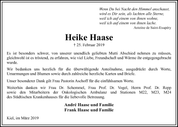 Traueranzeige von Heike Haase von Kieler Nachrichten
