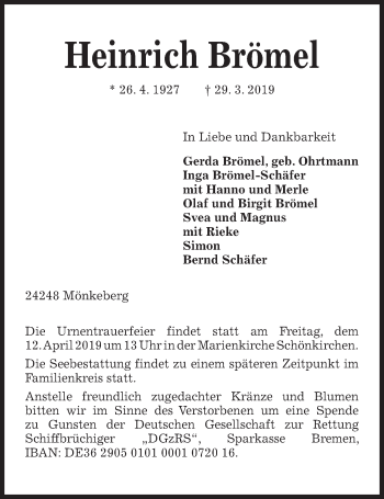 Traueranzeige von Heinrich Brömel von Kieler Nachrichten