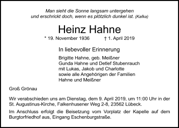 Traueranzeige von Heinz Hahne von Lübecker Nachrichten