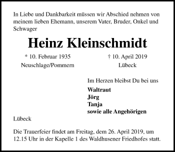 Traueranzeige von Heinz Kleinschmidt von Lübecker Nachrichten