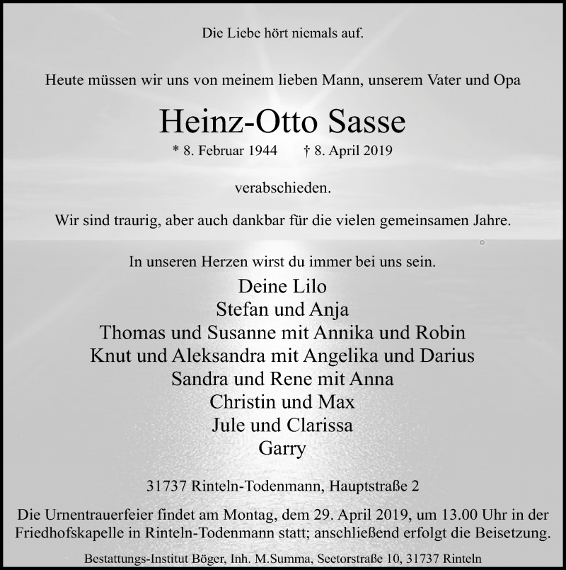  Traueranzeige für Heinz-Otto Sasse vom 13.04.2019 aus Schaumburger Nachrichten