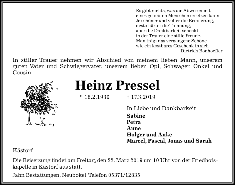  Traueranzeige für Heinz Pressel vom 20.03.2019 aus Aller Zeitung