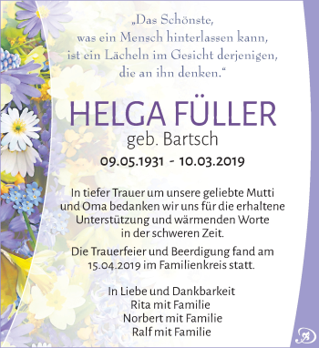 Traueranzeige von Helga Füller von Leipziger Volkszeitung