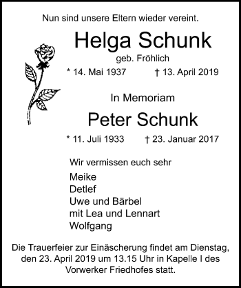 Traueranzeige von Helga Schunk von Lübecker Nachrichten