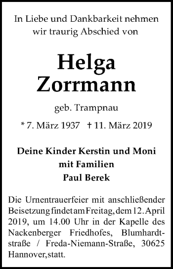 Traueranzeige von Helga Zorrmann von Hannoversche Allgemeine Zeitung/Neue Presse