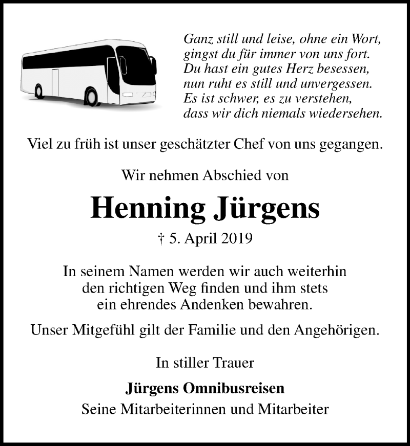  Traueranzeige für Henning Jürgens vom 13.04.2019 aus Schaumburger Nachrichten