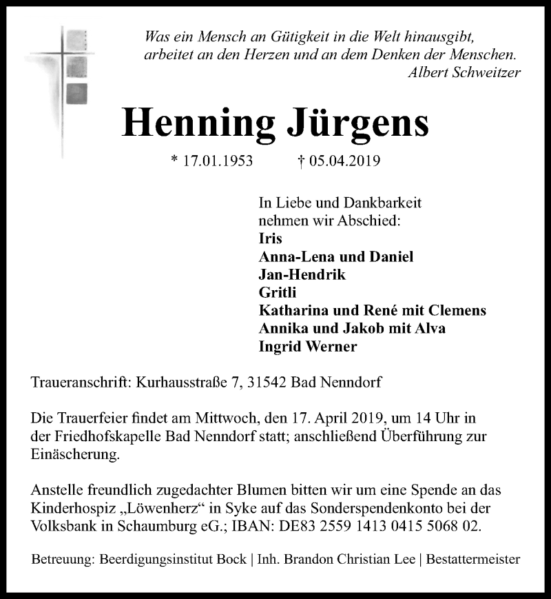  Traueranzeige für Henning Jürgens vom 13.04.2019 aus Hannoversche Allgemeine Zeitung/Neue Presse