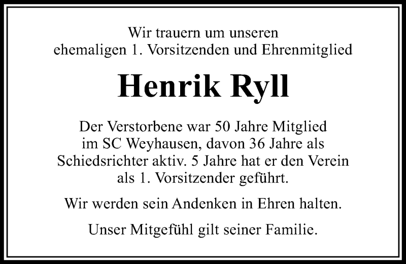  Traueranzeige für Henrik Ryll vom 22.03.2019 aus Aller Zeitung