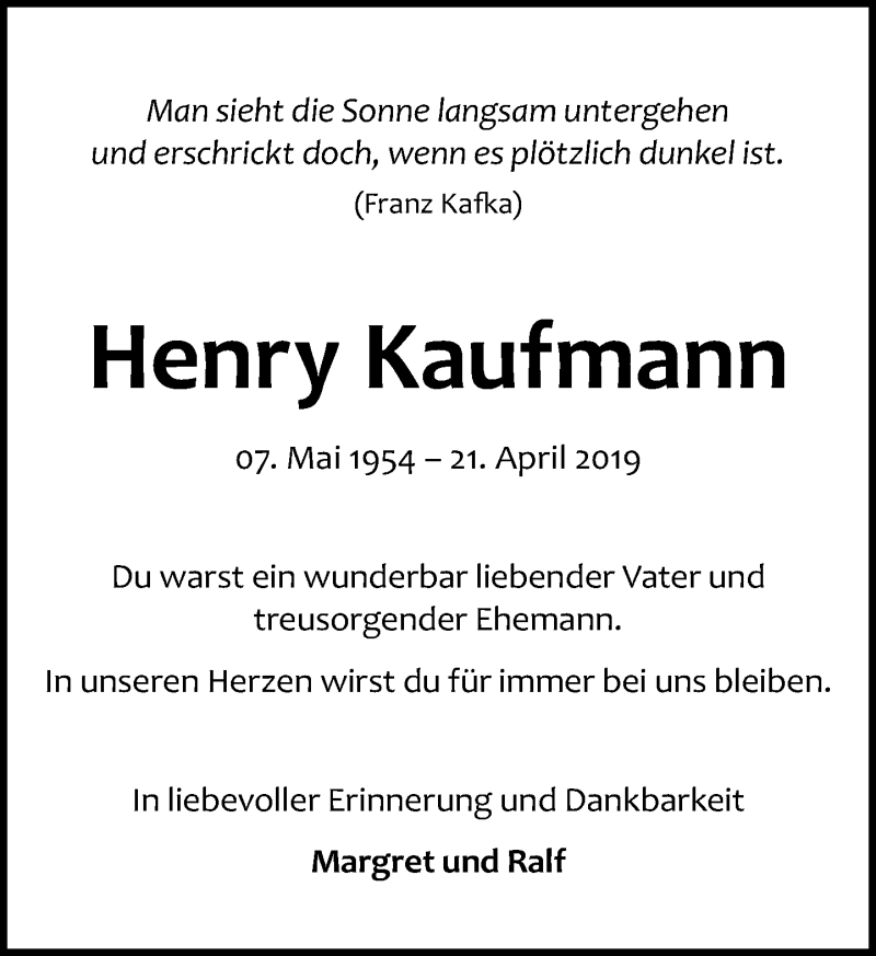  Traueranzeige für Henry Kaufmann vom 27.04.2019 aus Leipziger Volkszeitung