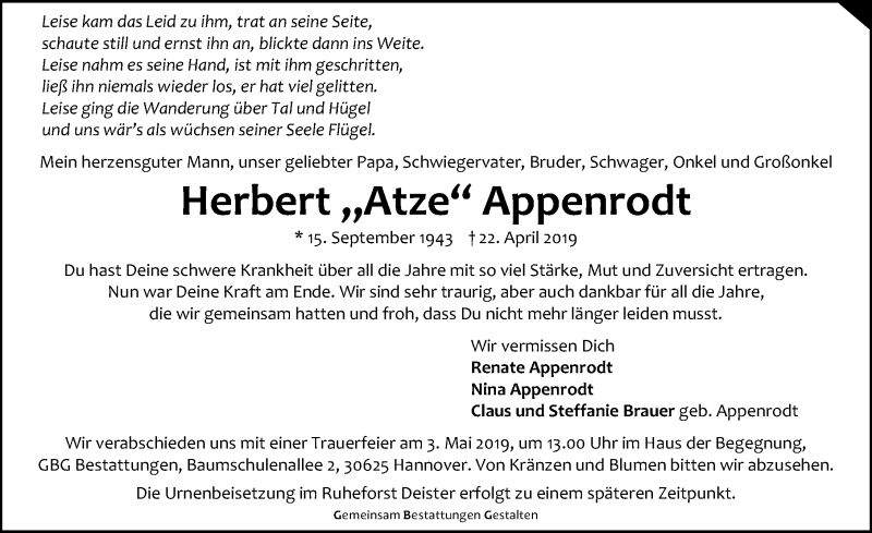  Traueranzeige für Herbert Appenrodt vom 27.04.2019 aus Hannoversche Allgemeine Zeitung/Neue Presse