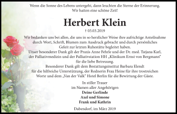 Traueranzeige von Herbert Klein von Märkischen Allgemeine Zeitung