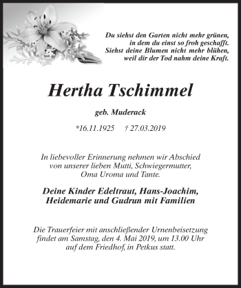 Traueranzeige von Hertha Tschimmel von Märkischen Allgemeine Zeitung