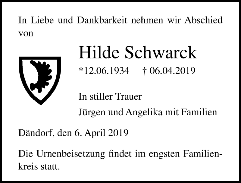  Traueranzeige für Hilde Schwarck vom 13.04.2019 aus Ostsee-Zeitung GmbH