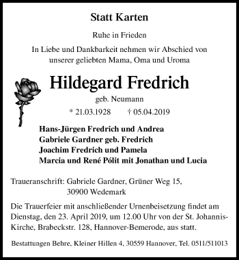 Traueranzeige von Hildegard Fredrich von Hannoversche Allgemeine Zeitung/Neue Presse