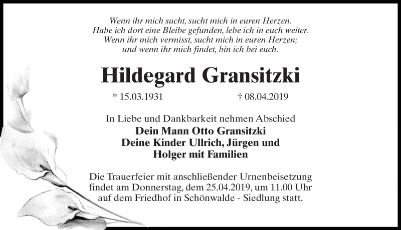  Traueranzeige für Hildegard Gransitzki vom 13.04.2019 aus Märkischen Allgemeine Zeitung
